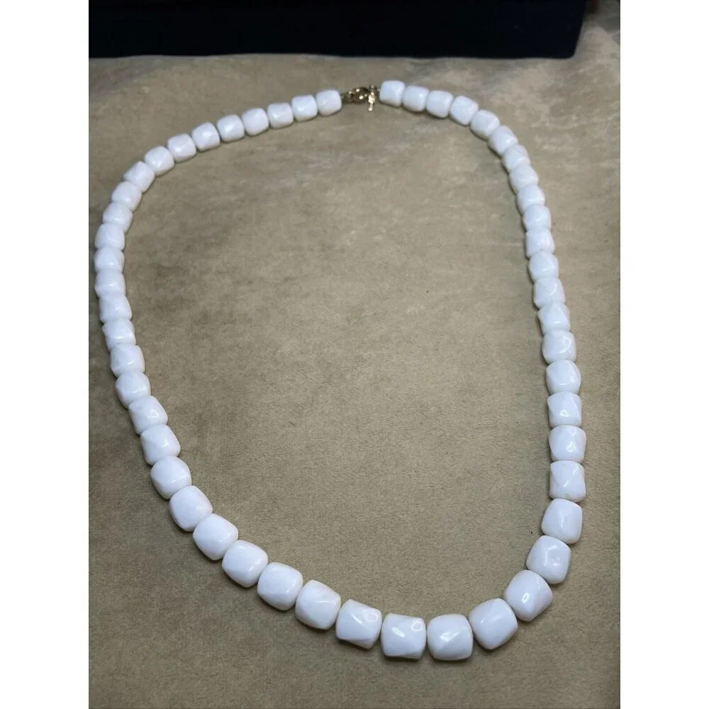 Vintage Crown Trifari Long 24” Necklace White Beaded Logo Sign